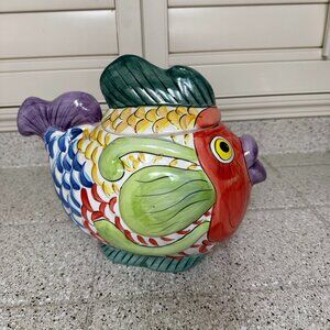 Vintage colorful koi fish ceramic cookie jar